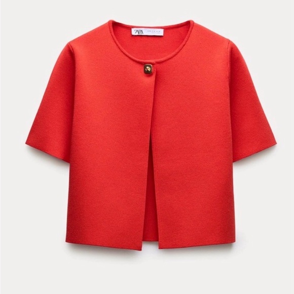 Zara Sweaters - Zara Bold Red Knit short sleeve cardigan with Gold toggle Button.  Size medium